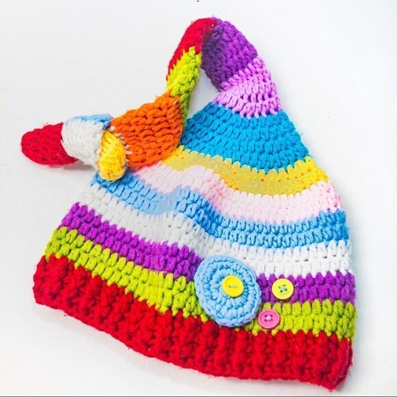 Rainbow Striped Set: Hand Knit Beanie & Old Navy Fleece Scarf - Picture 4 of 11